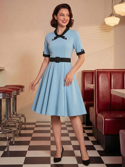 Vintage Dress 1950s Yellow Two-Tone Bows Short Sleeves Embellished Collar Medium Swing Dress
