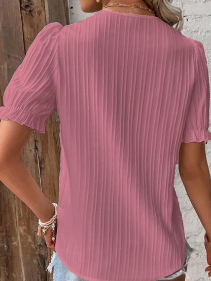 Openwork Lace Puff Sleeve V-neck Vertical Stripes T-shirts