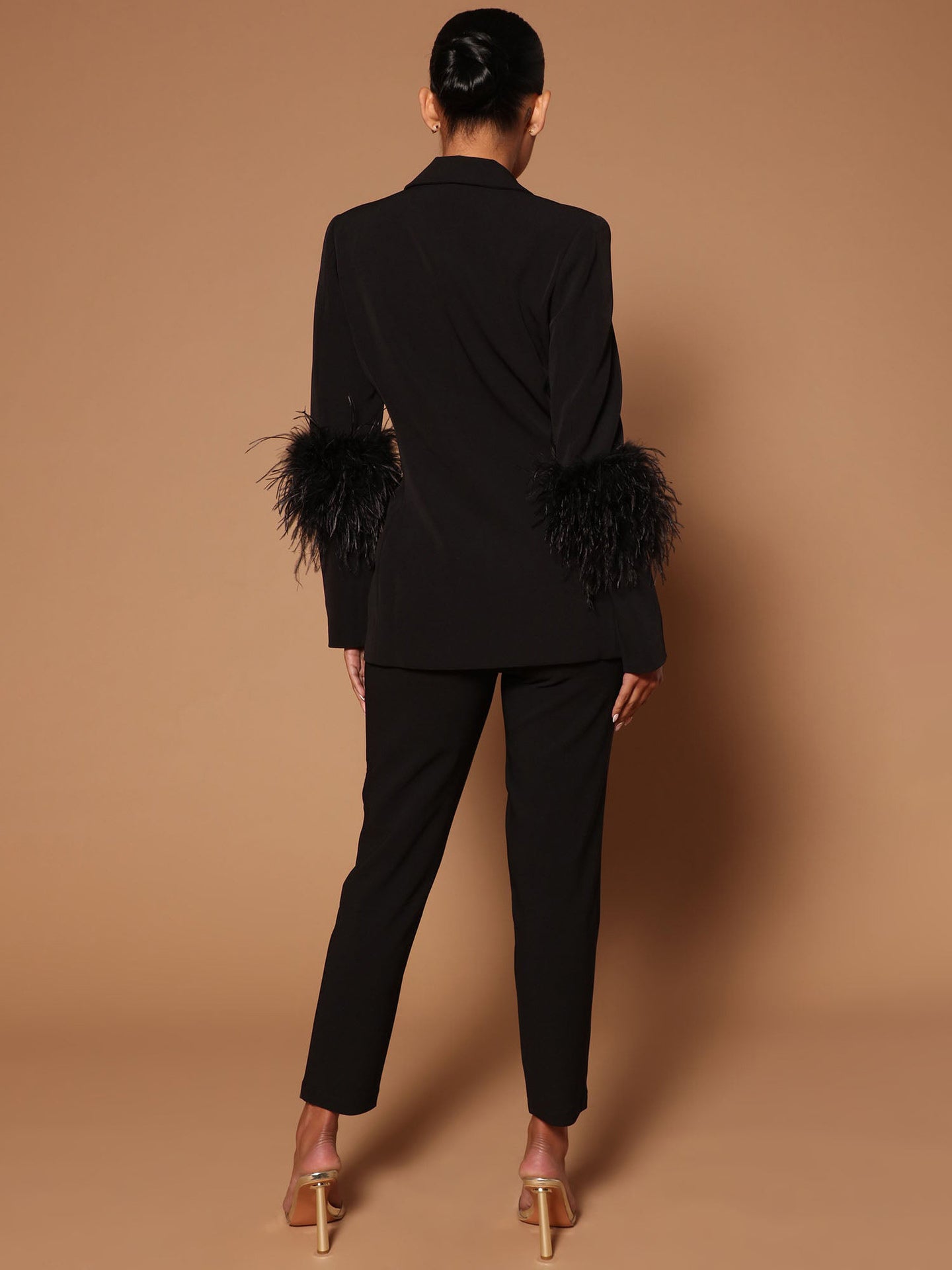 Pant Set Lapel Deep V-Neck Feathers Sexy Women Suits