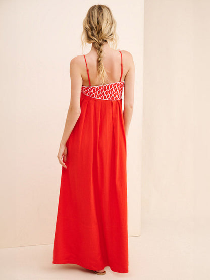 Fish Applique Spaghetti Strap Empire Waist Gathered Pleated Maxi Dress