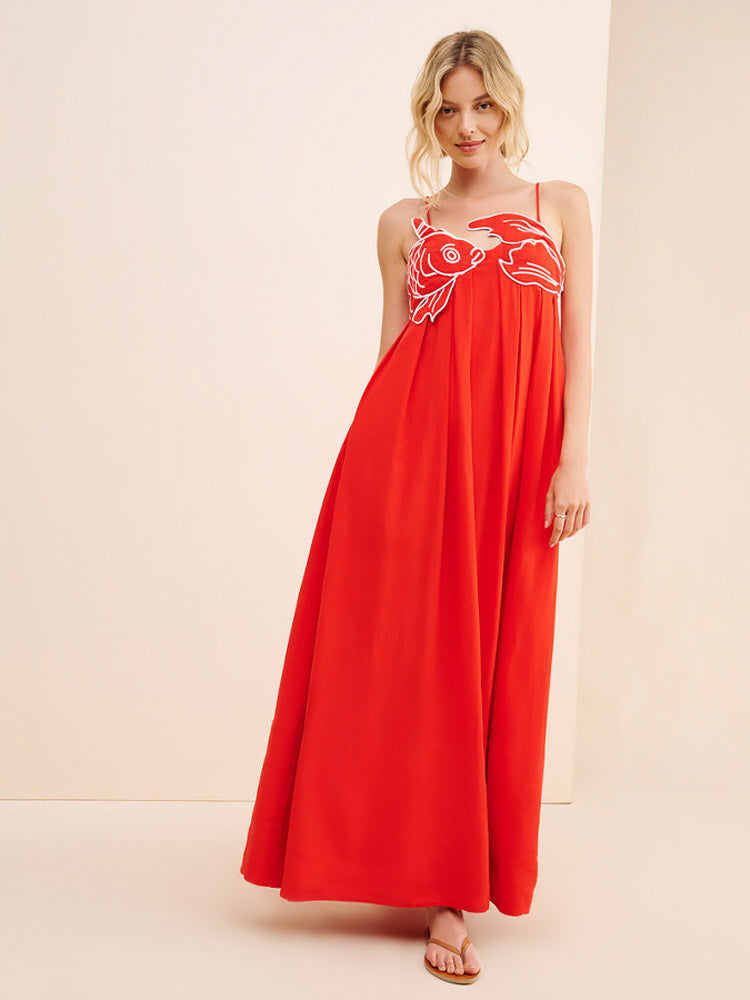 Fish Applique Spaghetti Strap Empire Waist Gathered Pleated Maxi Dress
