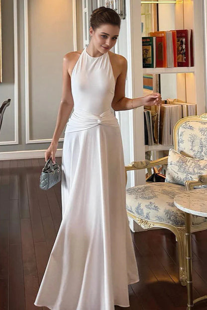 Solid Halter Neck Backless Ruched Maxi Dress