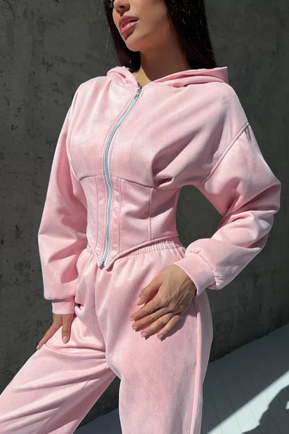 Hooded Drawstring Two Piece Pants Set