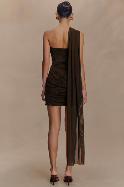 One-Shoulder Draped Mesh Sash Ruched Bodycon Mini Dress
