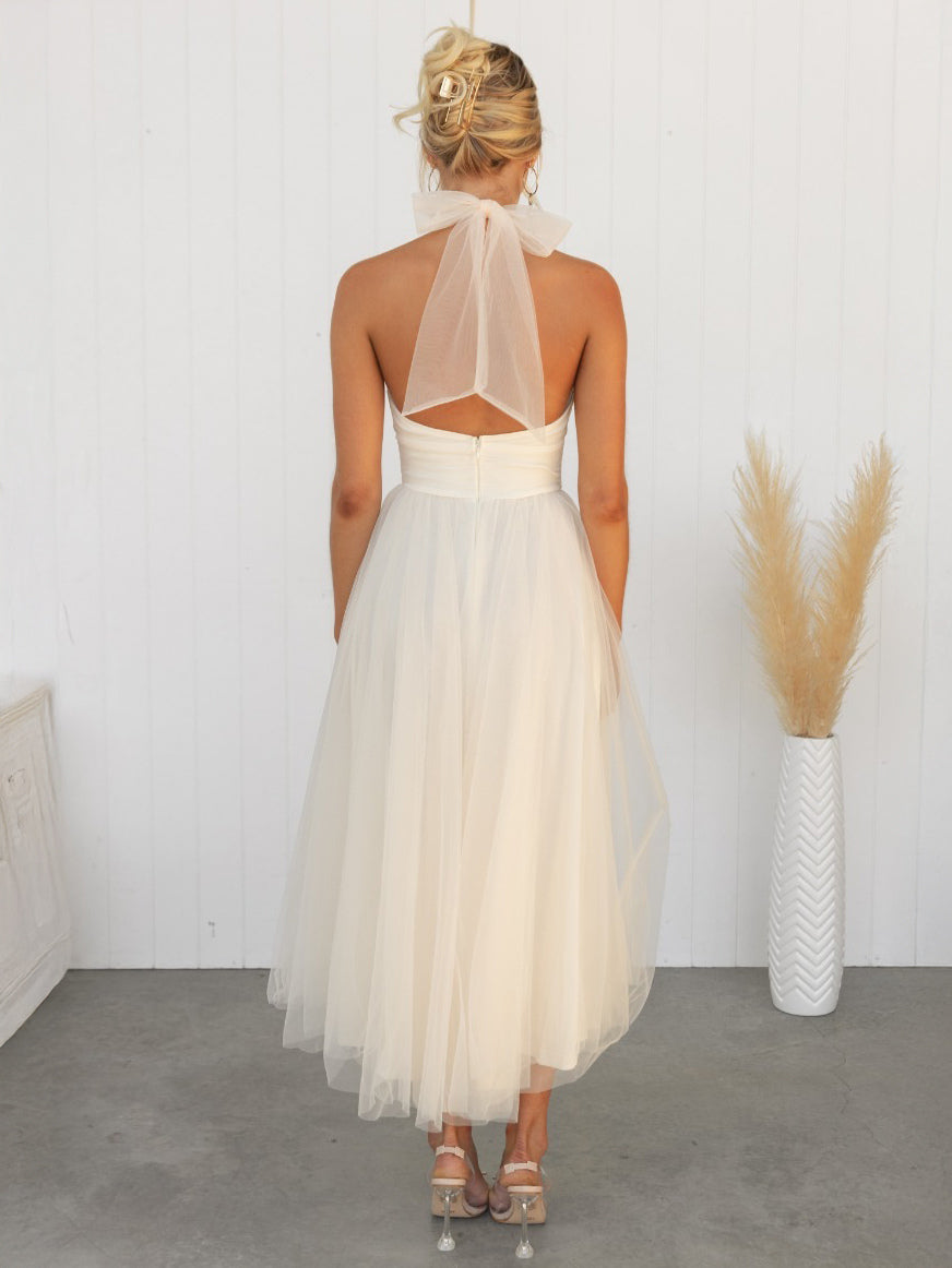 Tulle Midi Dress Halter Pleated Empire Waist Open Back Elegant Prom Dresses