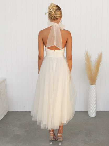 Tulle Midi Dress Halter Pleated Empire Waist Open Back Elegant Prom Dresses