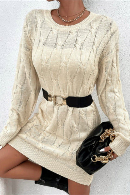 Solid Color Long Sleeve Cable Knit Sweater Dress