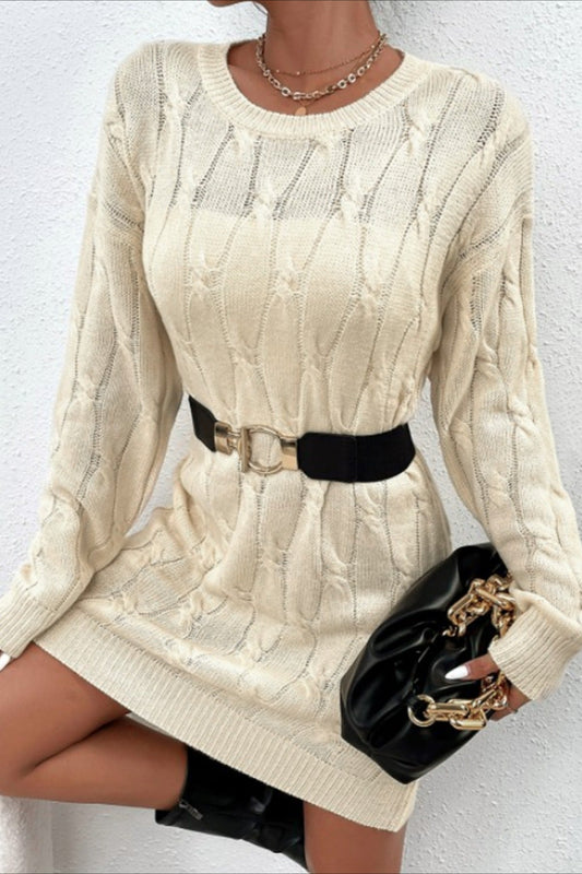 Solid Color Long Sleeve Cable Knit Sweater Dress