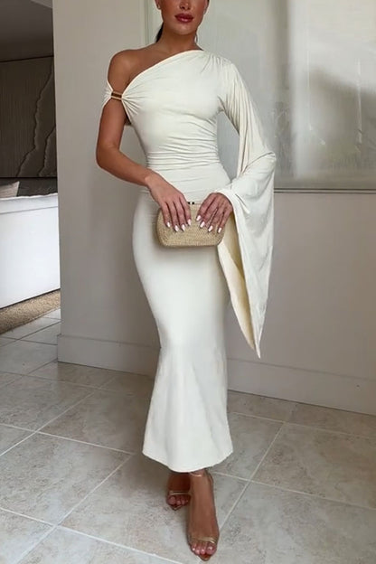 Ariarne Asymmetric Neck Long Draped Sleeve Gold Hardware Detail Midi Stretch Dress