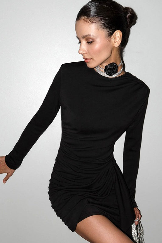 Crew Neck Long Sleeve Side Ruched Draped Wrap Mini Dress