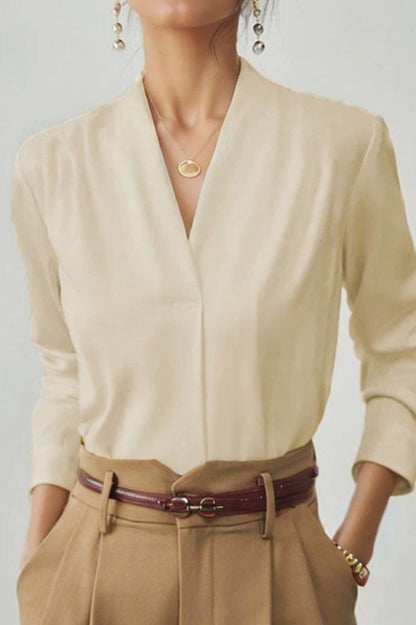 V Neck Satin Long Sleeve Blouse