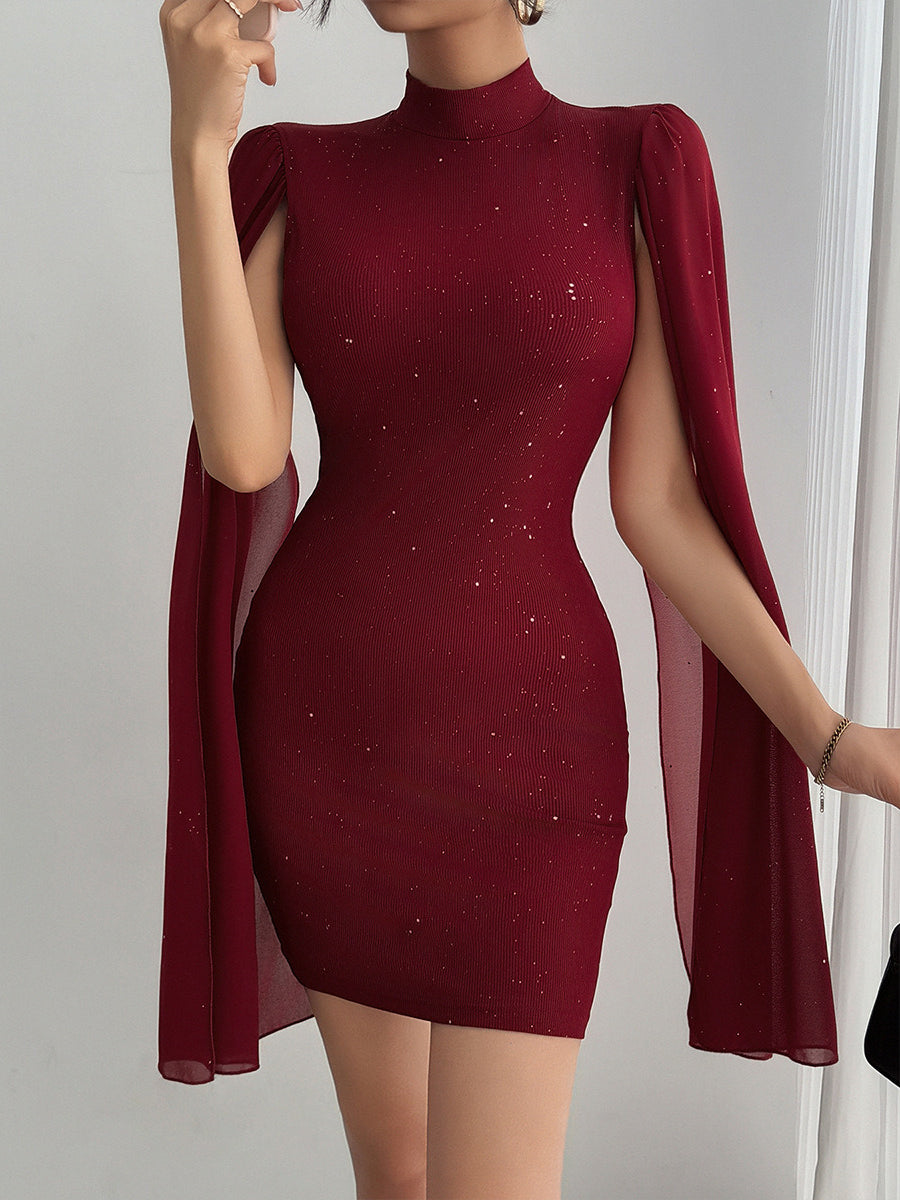 Mock Neck Sheer Cape Sleeve Glitter Ribbed Knit Bodycon Mini Dress