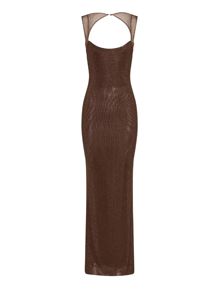 Scoop Neckline Backless Rhinestone Mesh Dress