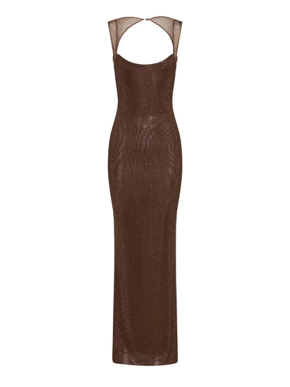 Scoop Neckline Backless Rhinestone Mesh Dress