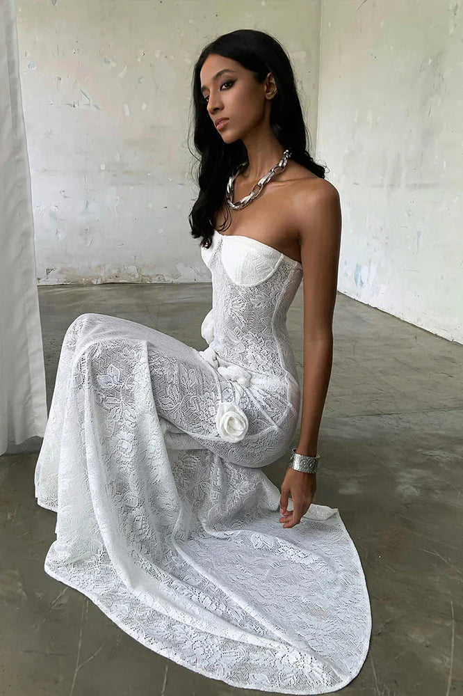 Sheer Lace Strapless 3D Floral Train Maxi Dress