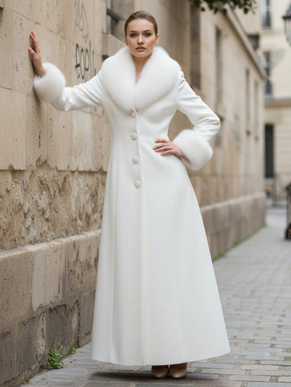 Maxi White Woolen Coat with Faux Fur Collar And Cuffs For Women 2026