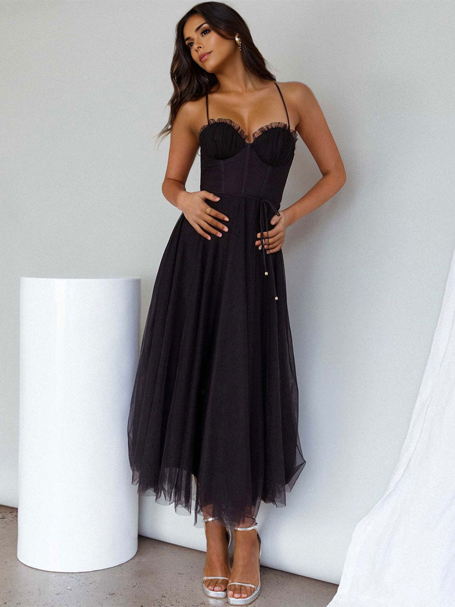 Corset Midi Dress Spaghetti Straps Shirred Lace-up Tulle Skirt Dresses