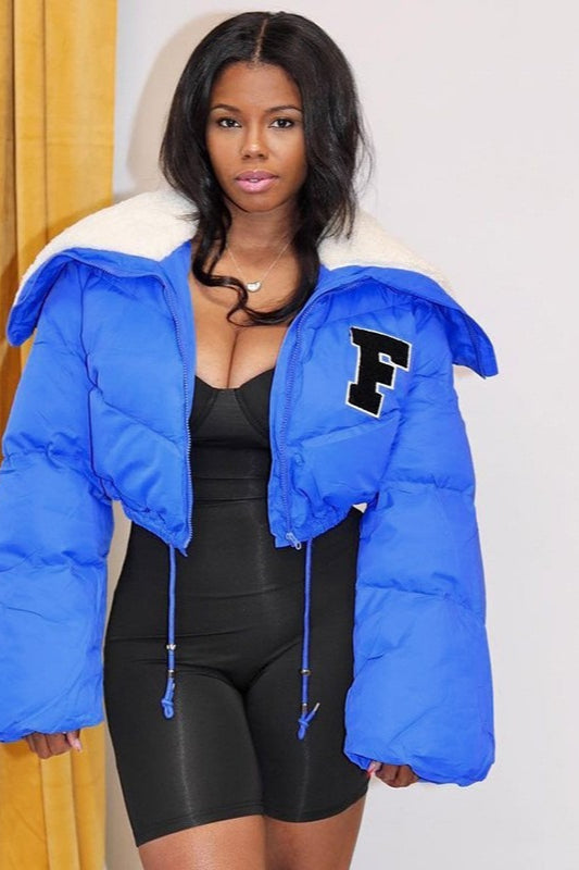 Polar Fleece Patchwork Faux Fur Collar Puffer Jacket