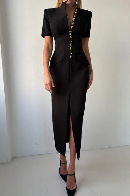 Kathy Unique Metal Pattern Buttons High Neck Short Sleeve Pencil Slit Midi Dress