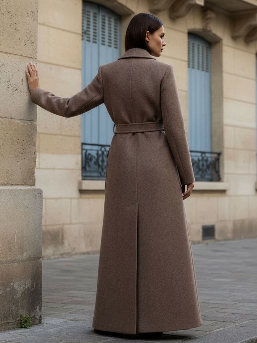 Belted Full Length Maxi Woolen Coat With Lapel And Big Pockets For Women 2026