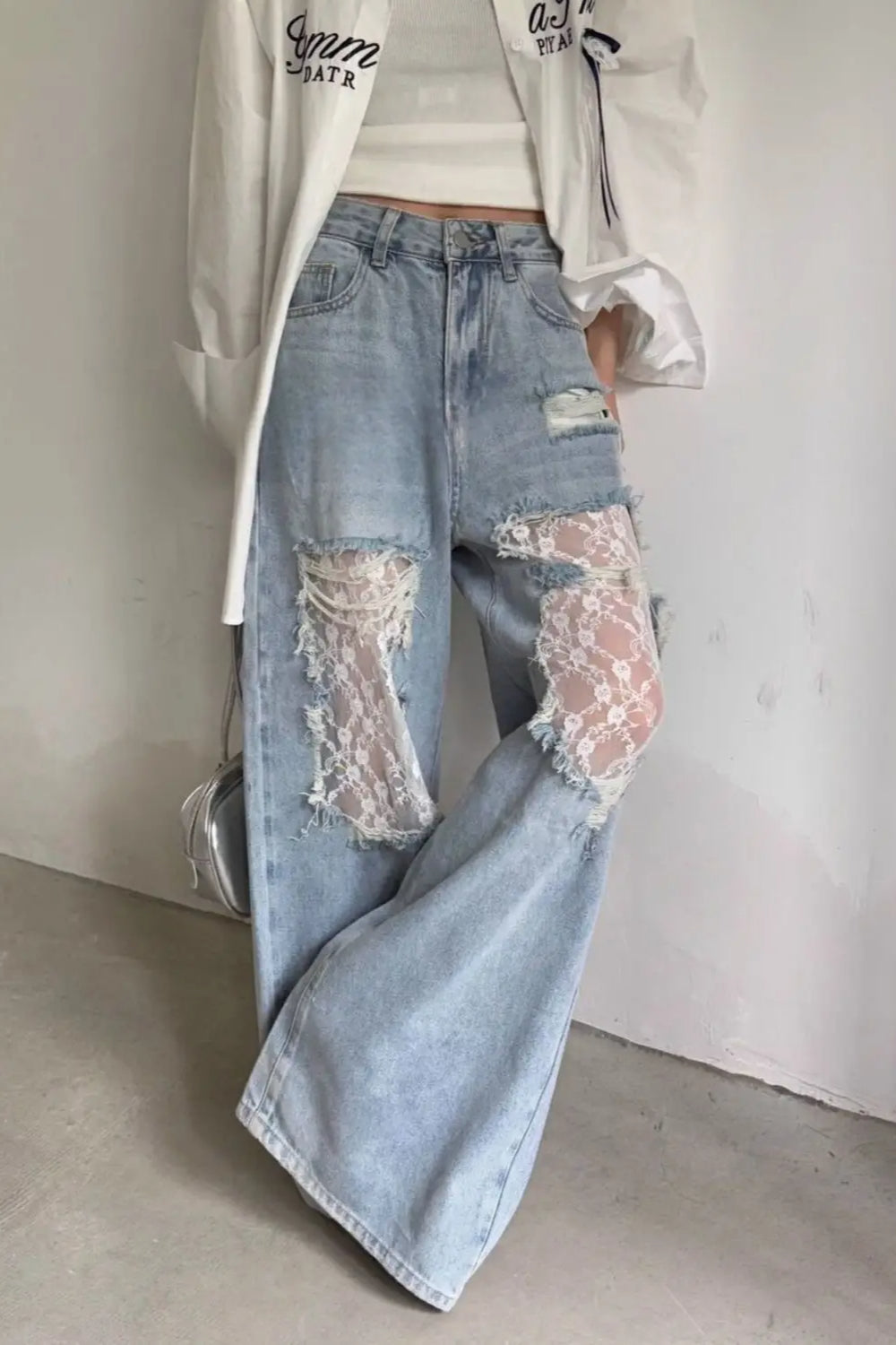 Lace Patchwork Ripped Loose Jeans