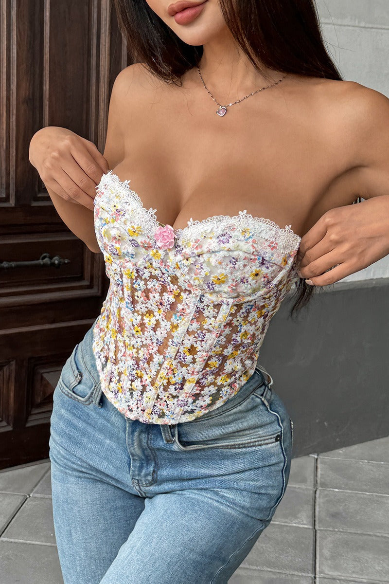Floral Embroidery Boned Sheer Corset Crop Top