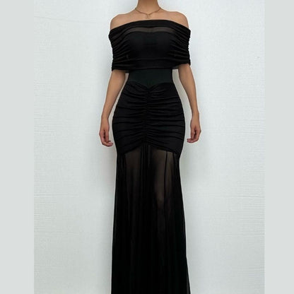 Off shoulder ruched mesh patchwork solid maxi dress