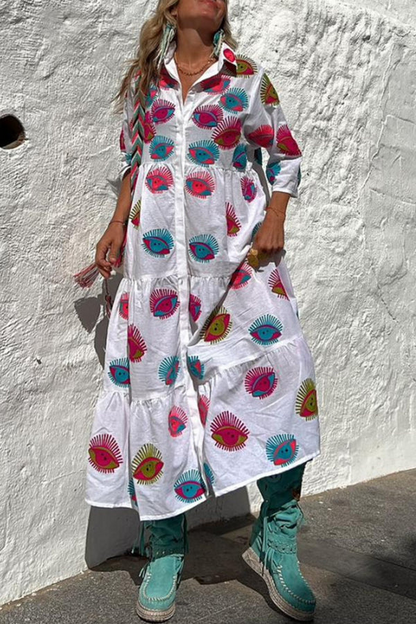 Take Me To Cabo Ethnic Unique Print Button Loose Shirt Midi Dress