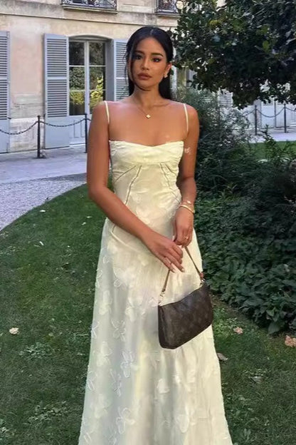 Vintage Cream Strap Floral Backless Maxi Dress