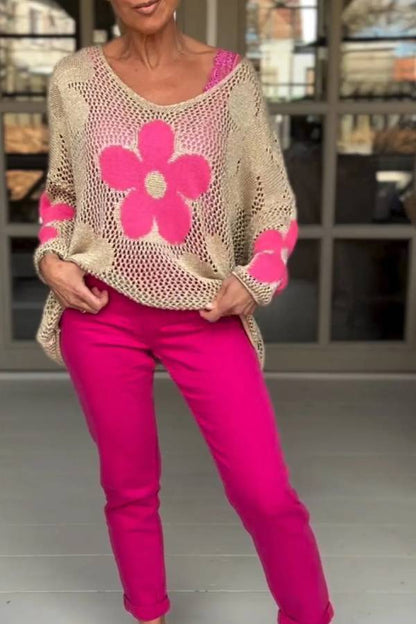 Floral Knitted Hollow V-neck Shirt Floral Mesh Sweater