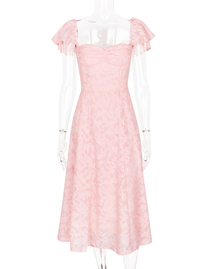 Floral Jacquard Soft Pink Dress With Butterfly Sleeve A-line Midi Party Dress For Women 2026