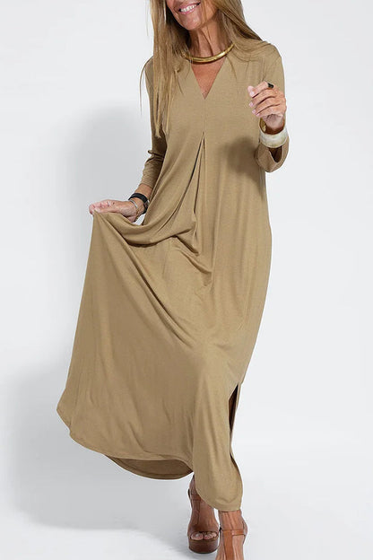 Women Casual V Neck Solid Color Maxi Dress