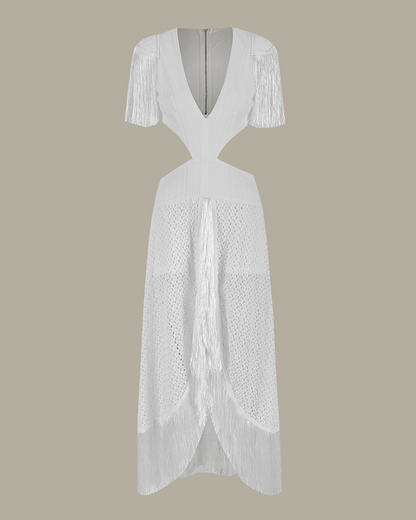 Deep V-Neck Backless High-Waisted Tassel Dress
