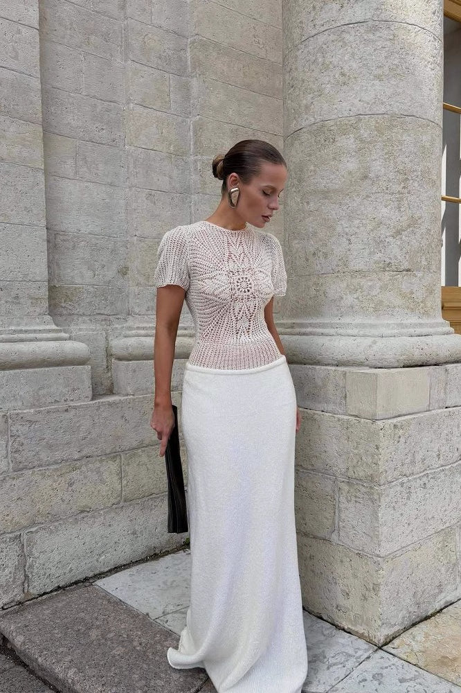 White Hollow Out Patchwork Maxi Dress