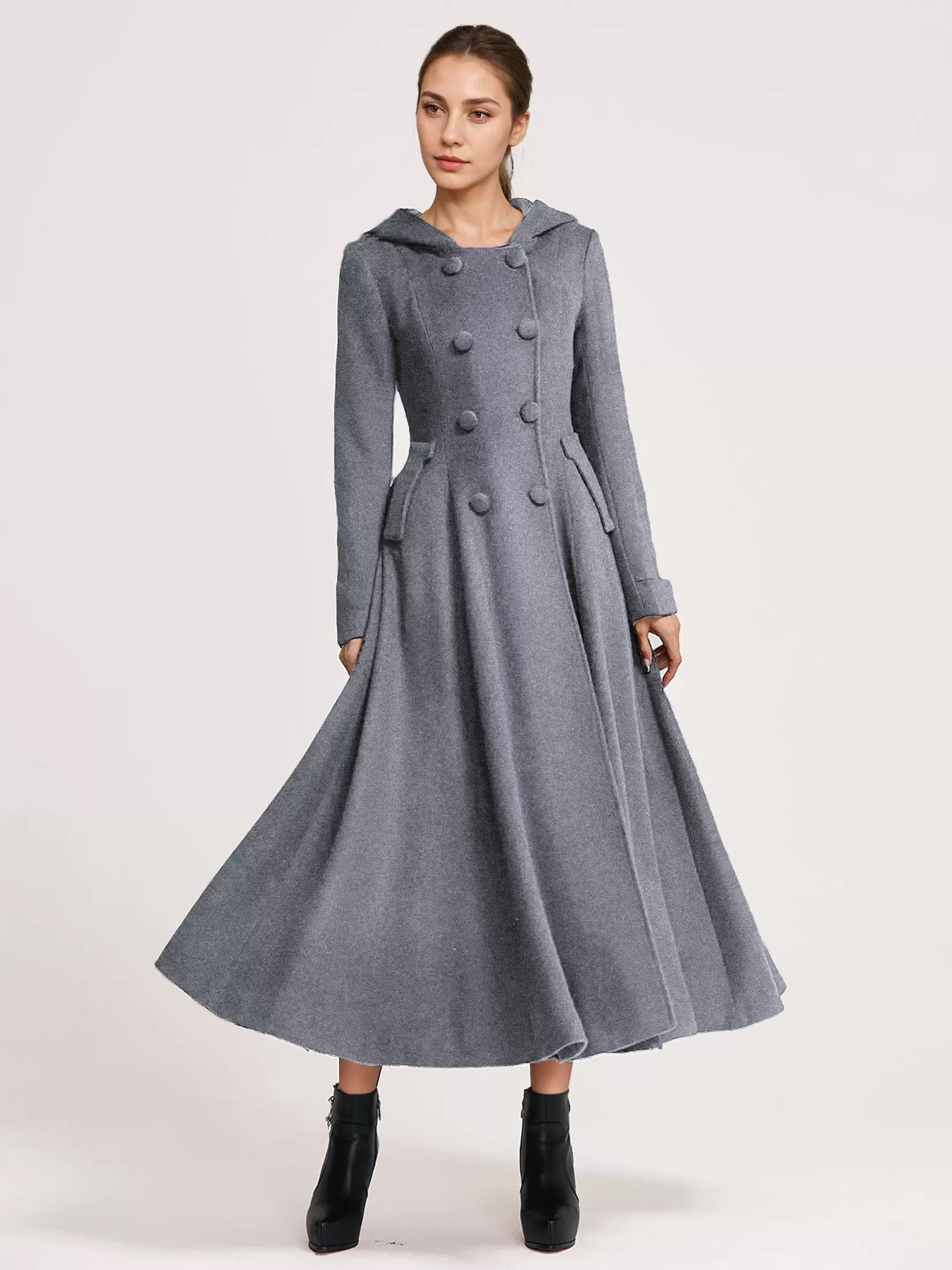 Woolen Flared Coat With Hood Dark Navy Double-breasted Elegant A-line Winter Long Outerwear For Women 2026