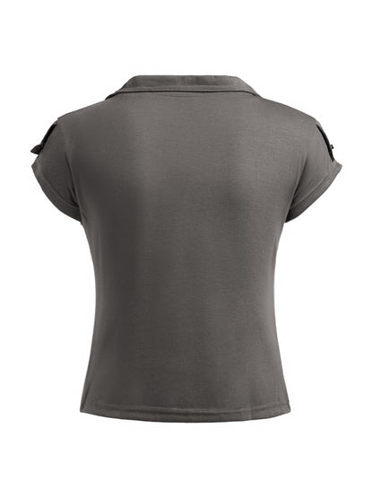 Solid V Neck Pocket Cropped Short Sleeve Tee