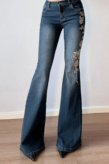 Vintage Plant Embroidered Bootcut Jeans