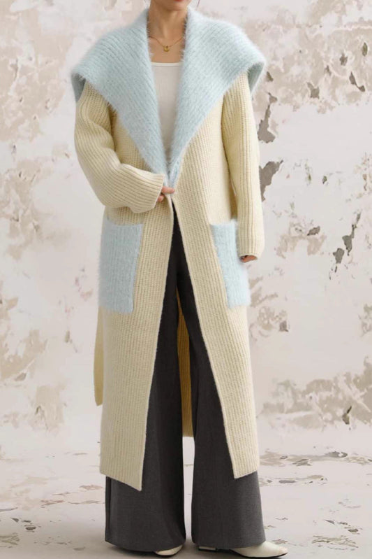Faux Fur Collar Long Patchwork Loose Knit Overcoat