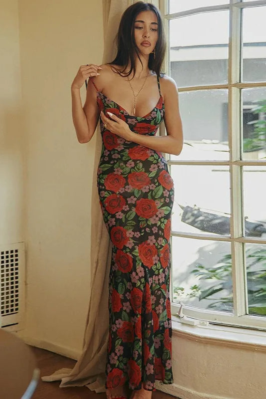 Floral Print Spaghetti Strap Scoop Neck Bodycon Maxi Dress