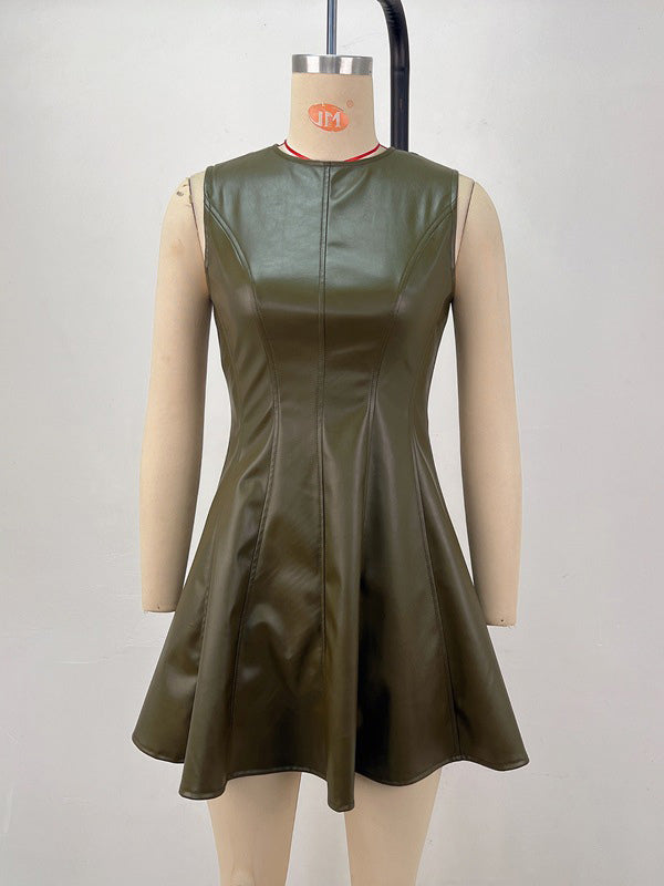 Sleeveless Olive Faux Leather Paneled Pleated Fit And Flare Mini Dress For Women 2026