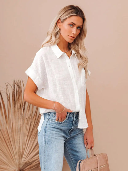 Shirt For Women Black Turndown Collar Casual Buttons Short Sleeves Tops