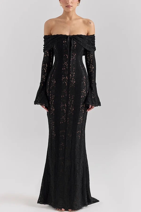 Floral Lace Off Shoulder Flare Sleeve Fishtail Maxi Dresses-White