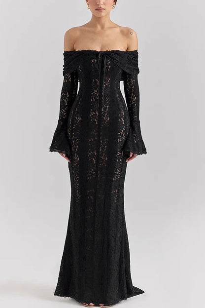 Floral Lace Off Shoulder Flare Sleeve Fishtail Maxi Dresses-White