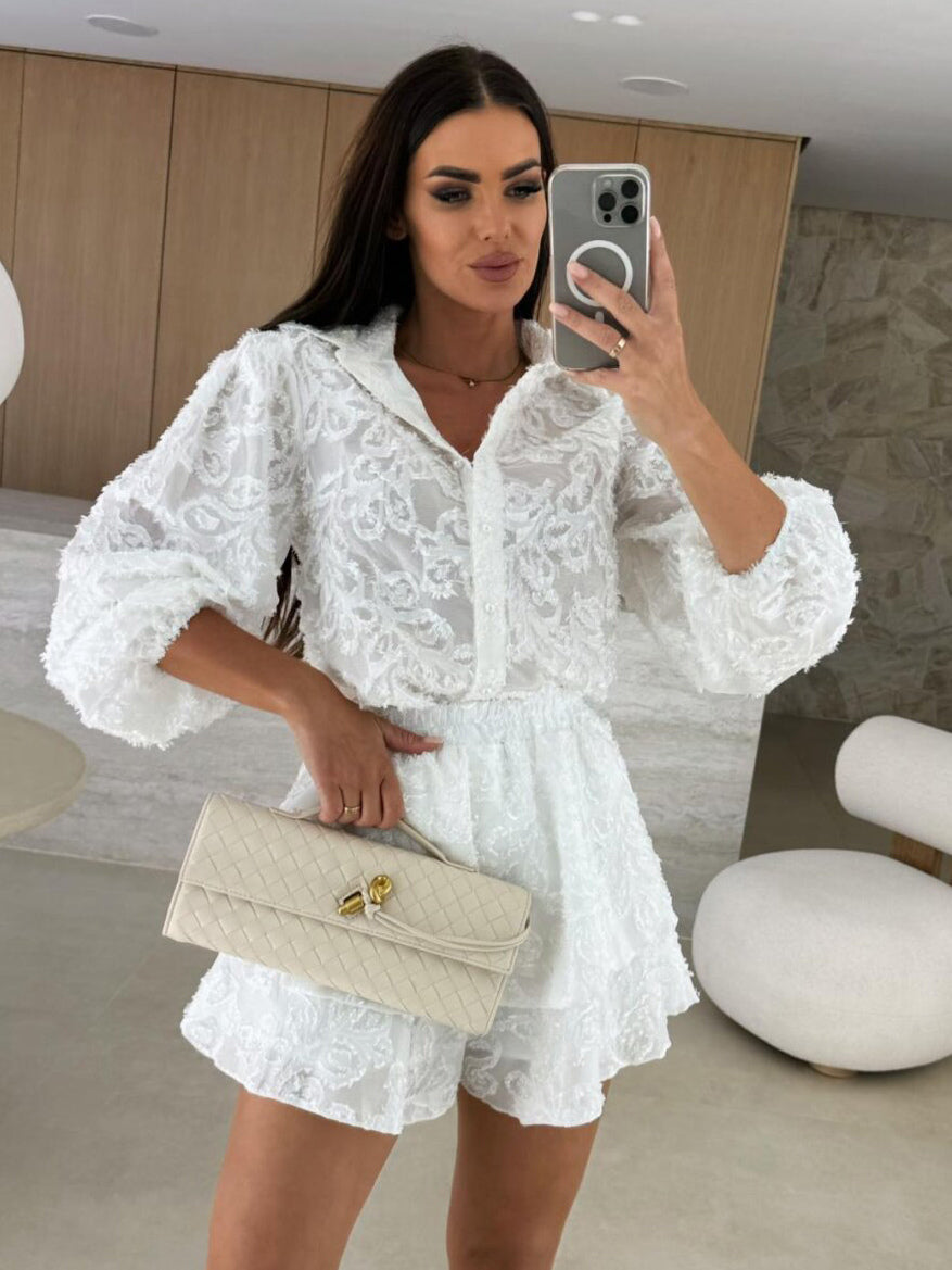 Jacquard Two Piece Co-ord Set Long Sleeve Shirt And Layered Shorts 2026