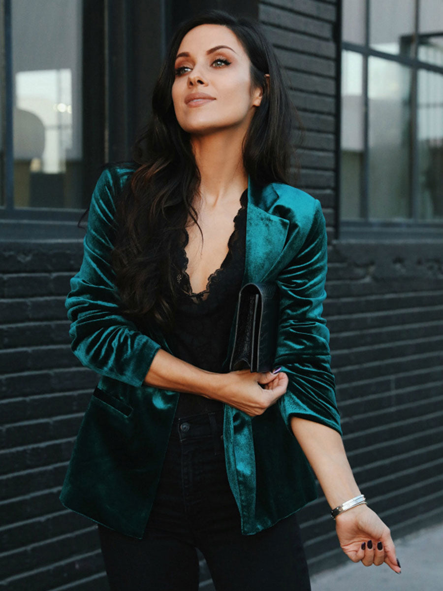 Velour Blazer Jacket For Women Green Burgundy Solid Color Casual Slim Fit Spring Fall Street Outerwear
