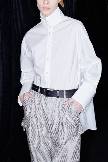 Cotton Mandarin Collar Long Sleeve Top