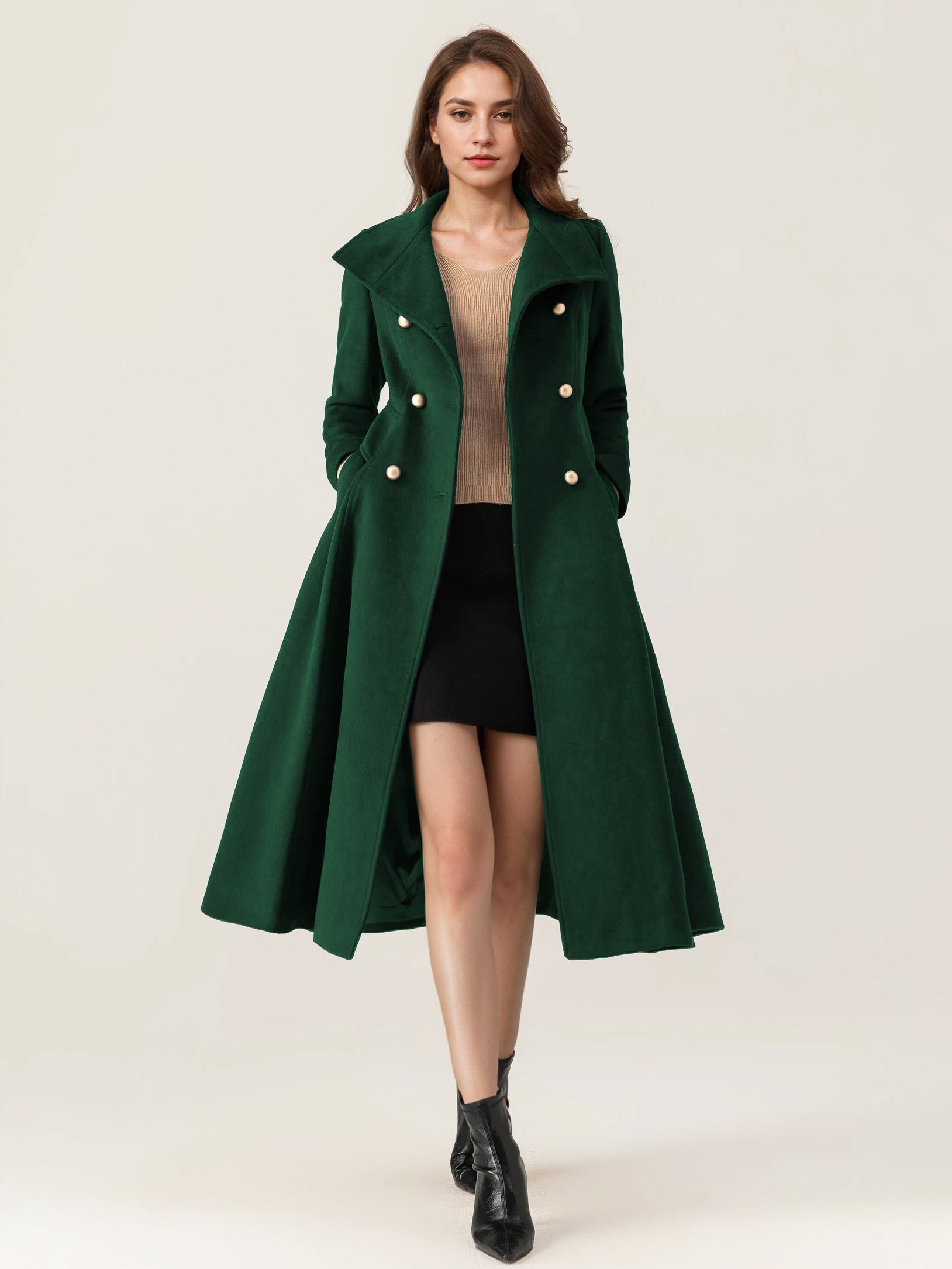 Woolen Flared Coat For Woman Stand Collar Dark Navy Vintage Double-breasted Winter Midi Outerwear 2026