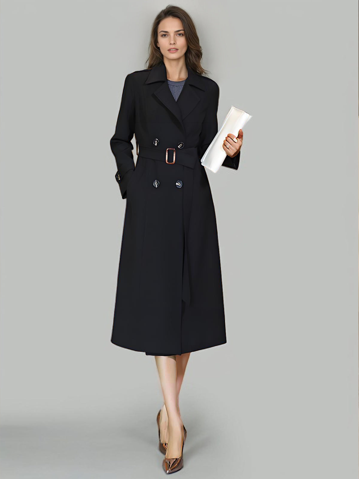 Women's Trench Coat Practical Buttons Turndown Collar Long Sleeves Polyester Lace-up