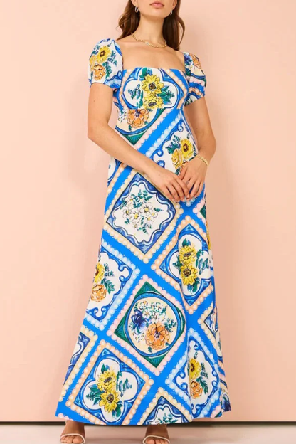 Art Blue Square Collar Print Linen Long Dresses Summer