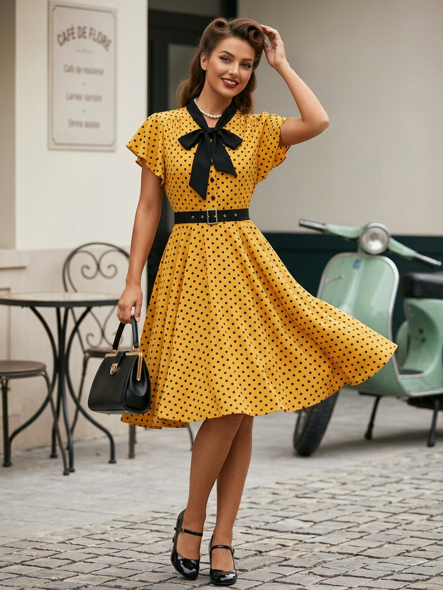 Polka Dot Shirt Dress With Tie And Belt Flutter Sleeve Vintage Midi Dress For Women 2026